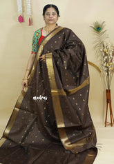 Dark Chocolate Brown - Mangalgiri semi pattu buttas body with zari border